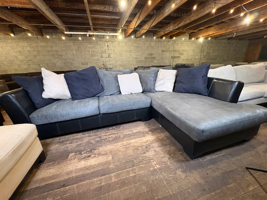 Oversized Chaise Sectional – Plush Seats, Mixed Fabric (WE DELIVER + WE HAUL AWAY OLD COUCHES)